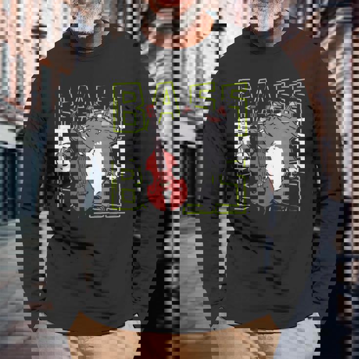 猫 二重低音プレーヤー 長袖Tシャツ 高齢者への贈り物