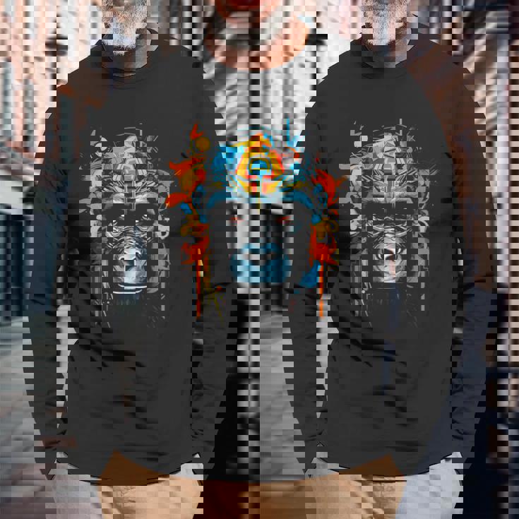 猿 動物 モチーフ イラスト 猿 長袖Tシャツ 高齢者への贈り物