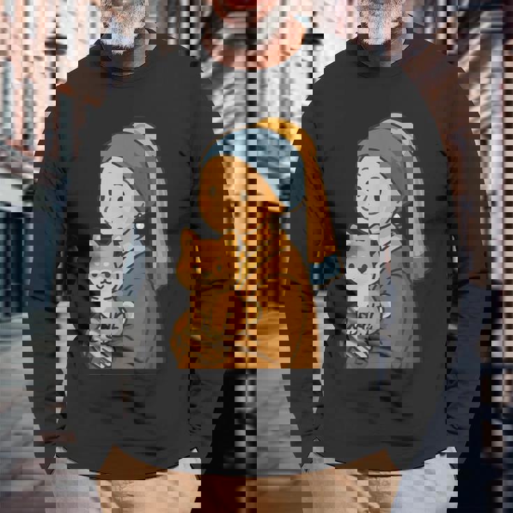 真珠の耳飾りの少女 柴犬 子柴 名画 いぬ イラスト かわいい 犬好き おもしろ 面白い 長袖Tシャツ 高齢者への贈り物