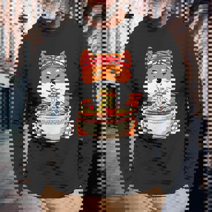 秋田芝犬ラーメンそばうどん丼アニメ漫画 長袖Tシャツ 高齢者への贈り物