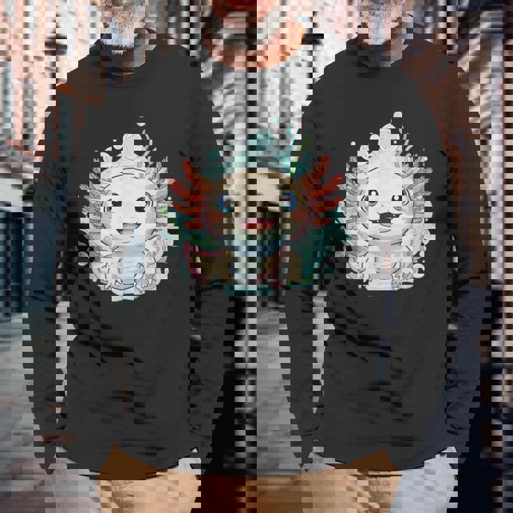 笑顔のaxolotl カワイイかわいい水中漫画 長袖Tシャツ 高齢者への贈り物