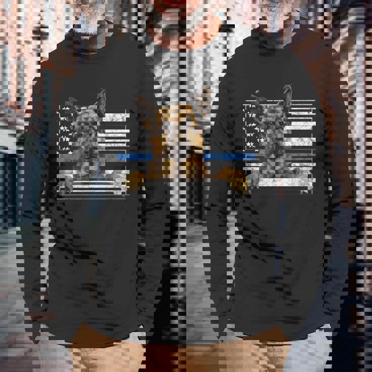 細いブルーライン K9 ジャーマンシェパード 犬 警察官 長袖Tシャツ 高齢者への贈り物