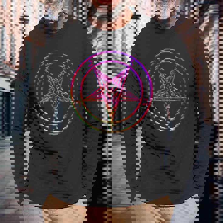 美しいvaporwave サタニックペンタグラム レトログリッチ効果 長袖Tシャツ 高齢者への贈り物