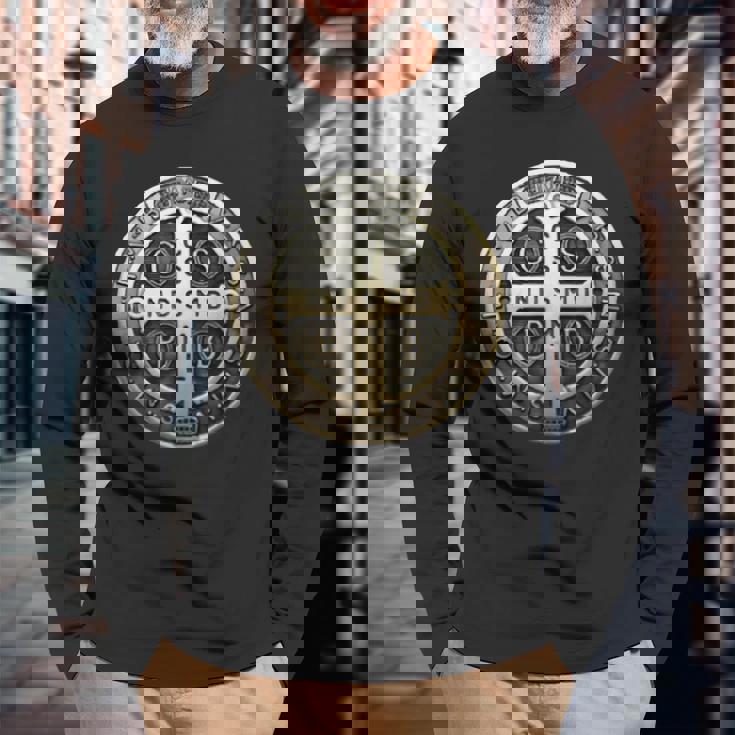 聖ベネディクトメダル 聖ベネディクトクロス カトリック クリスチャン 長袖Tシャツ 高齢者への贈り物