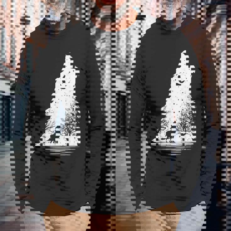 遠吠えするオオカミ 星空 オオカミモチーフ 男女兼用 長袖Tシャツ 高齢者への贈り物