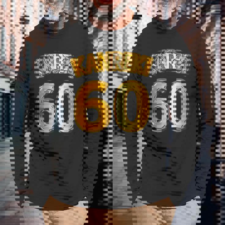 還暦 六十歳 60才 祝 Kanreki（ユニフォーム風）【フェイク 金プレート風 文字】誕生日 面白 長袖Tシャツ 高齢者への贈り物