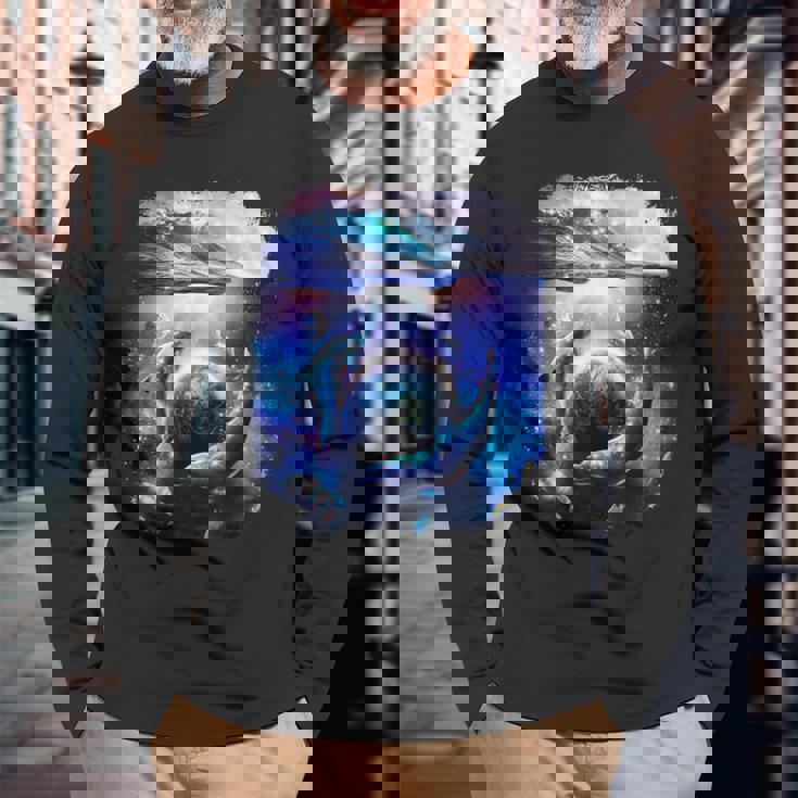 銀河 イルカ 宇宙 地球 海 長袖Tシャツ 高齢者への贈り物