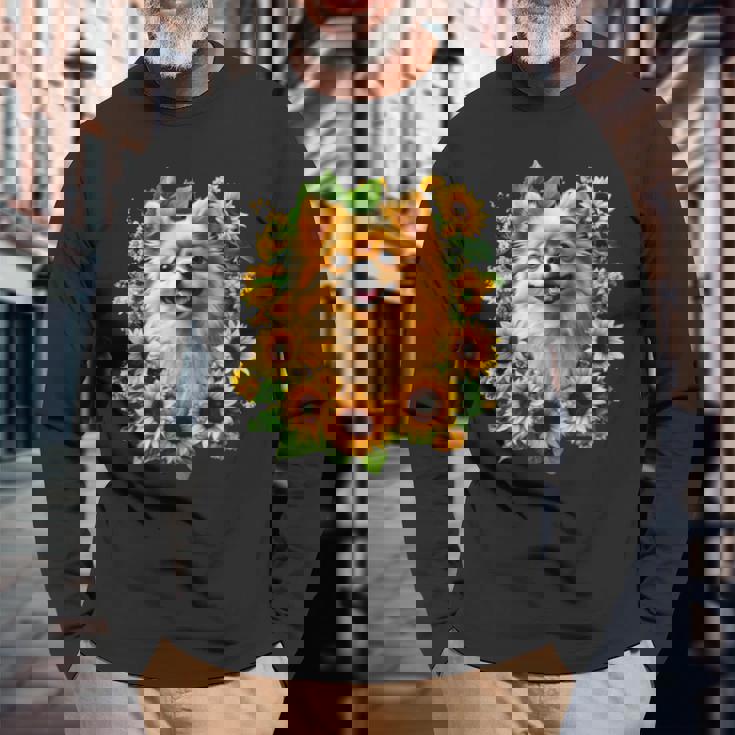 面白いtシャツ ポメラニアン ひまわり わんこ メンズ 犬好き グッズ かわいい おもしろ 面白い 服 ネタ 長袖tシャツ 長袖Tシャツ 高齢者への贈り物