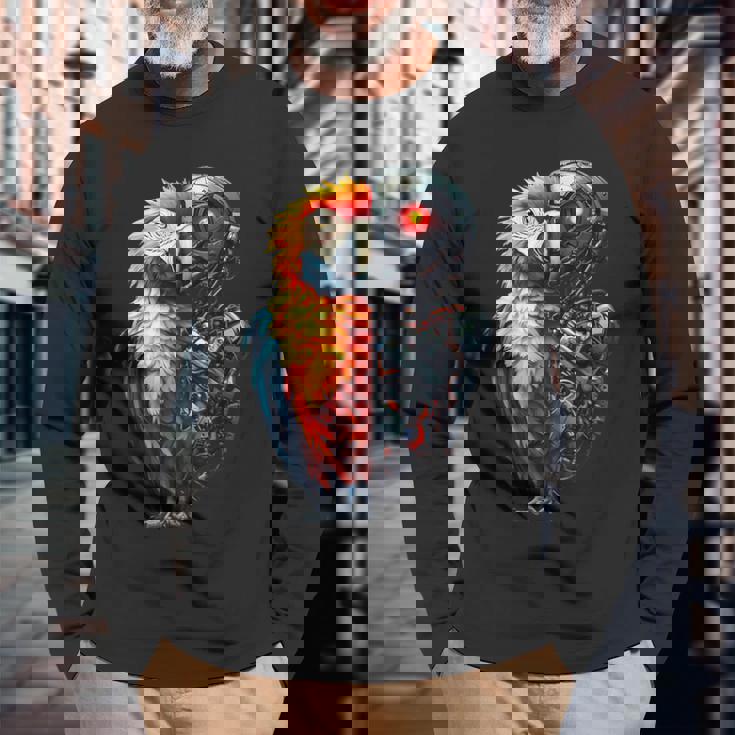 面白いオウムロボット動物愛好家サイボーグオウムロボット Robot Parrot Lover Cyborg Ai 長袖Tシャツ 高齢者への贈り物