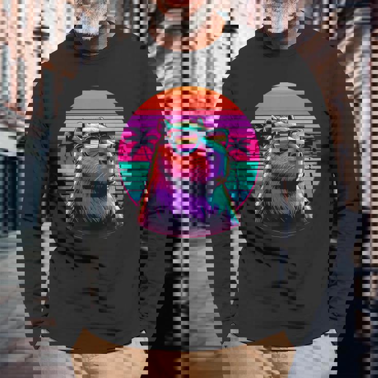 面白いカピバラ ヴィンテージ げっ歯類 レトロ ヴェイパーウェーブ 美的ゴス 長袖Tシャツ 高齢者への贈り物