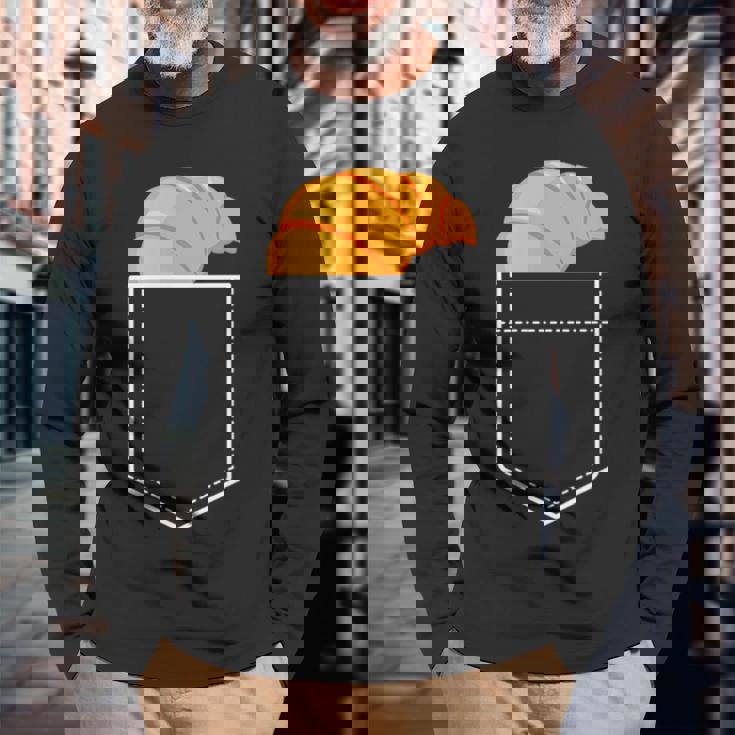 面白いクロワッサンインザポケット 食通 フレンチクロワッサンポケット 長袖Tシャツ 高齢者への贈り物