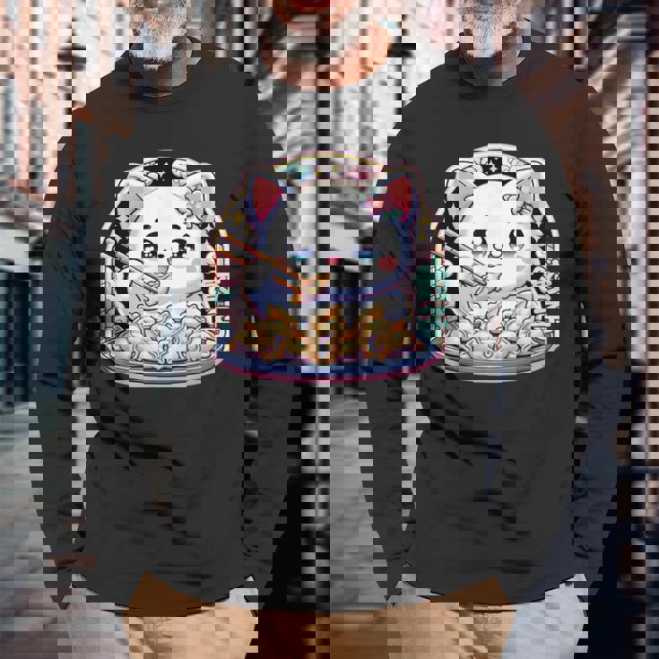 餃子、餃子を食べるカワイイ猫、餃子 長袖Tシャツ 高齢者への贈り物