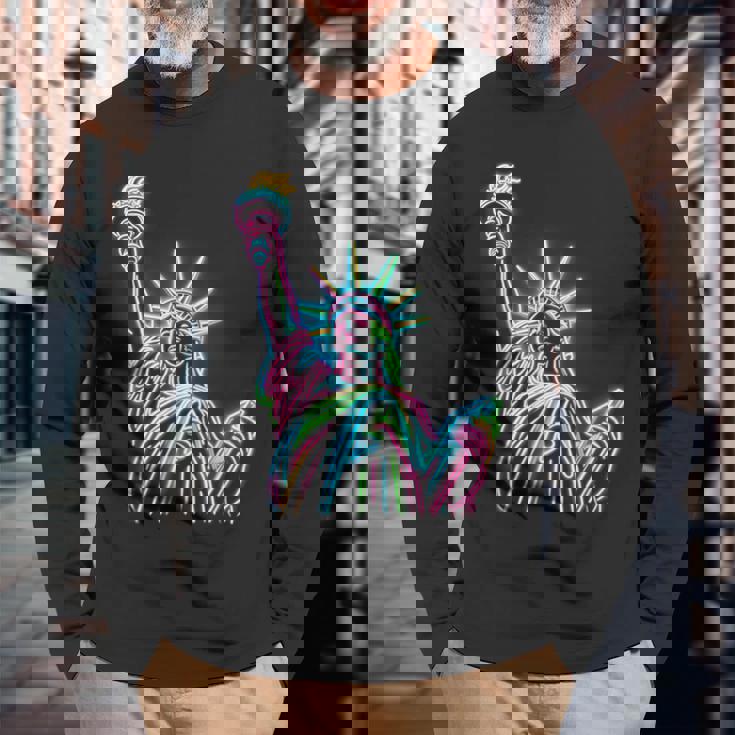 鮮やかな自由の女神tシャツ カラフルなアイコン 長袖Tシャツ 高齢者への贈り物