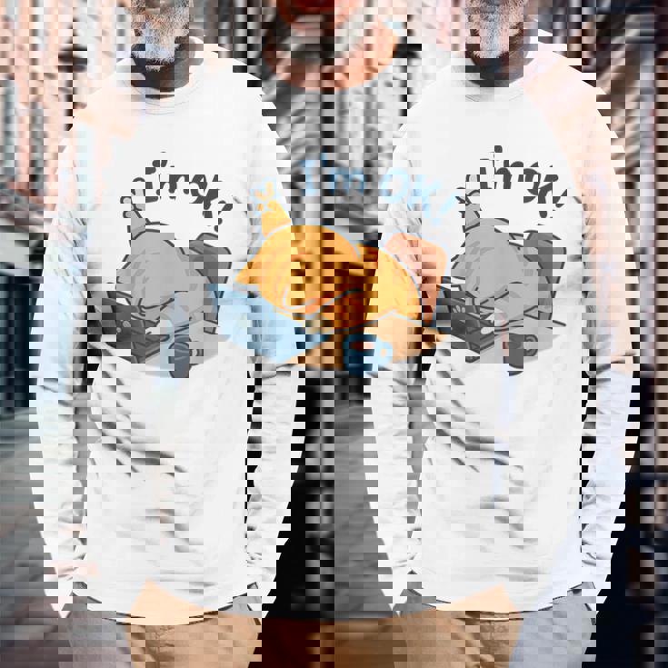 I'm Ok おかしな猫 在宅勤務 コーヒーミーム 長袖Tシャツ 高齢者への贈り物