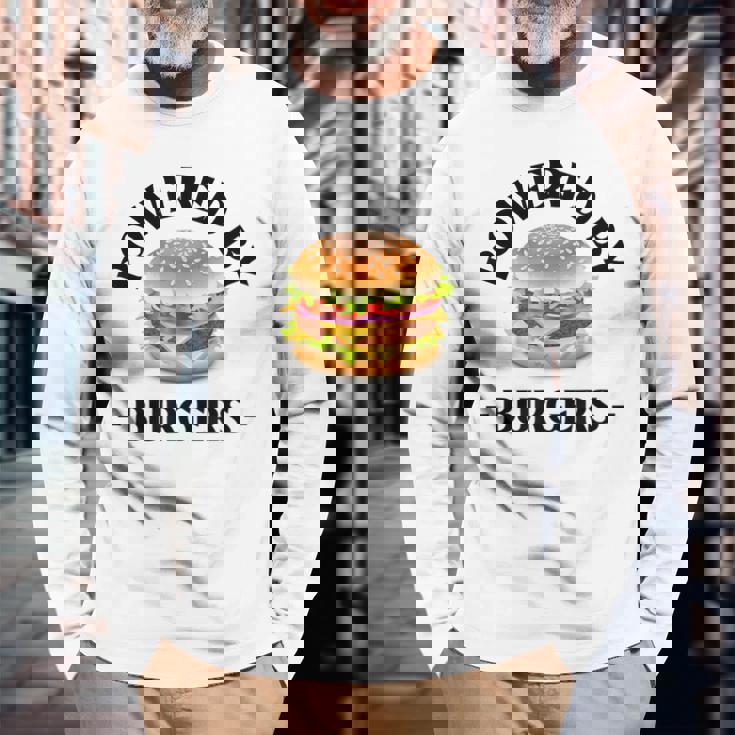 Powered By Burgers ファーストフード愛好家 面白いビーフバーガー 長袖Tシャツ 高齢者への贈り物