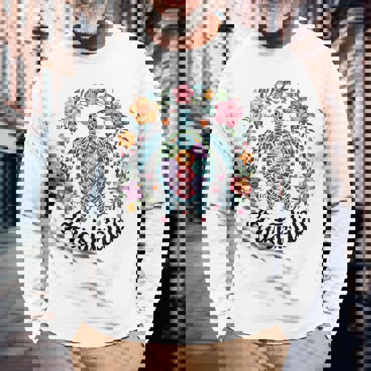 かわいいウミガメオーストラリア、楽しいトロピカルフラワーとハート 長袖Tシャツ 高齢者への贈り物