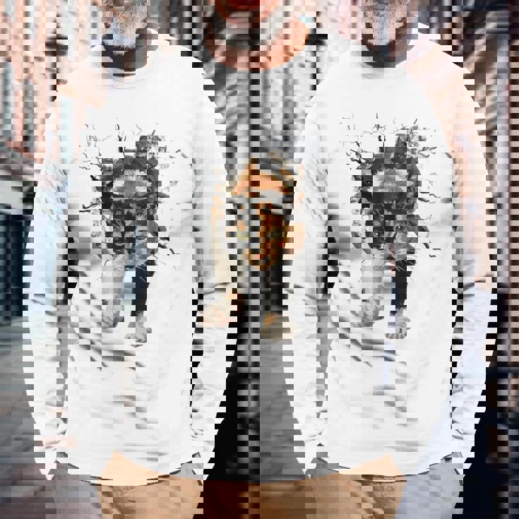 その壁を打ち破れ 三毛猫 福猫 面白 長袖Tシャツ 高齢者への贈り物