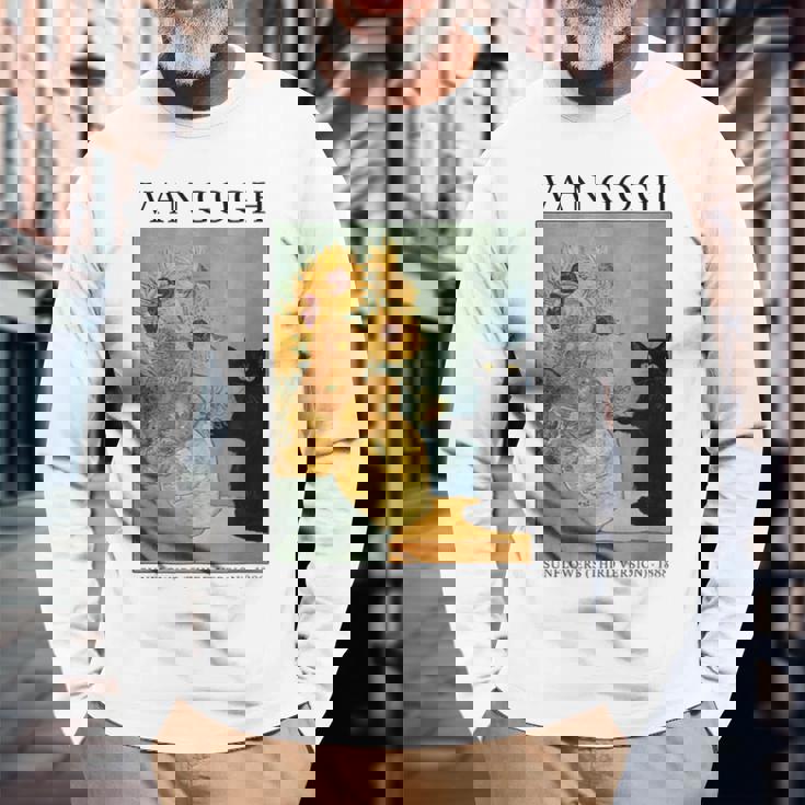 ひまわりと黒猫のヴィンテージアート 猫好き 猫飼い 猫 ネコ ねこくろねこ好き 面白い 長袖Tシャツ 高齢者への贈り物