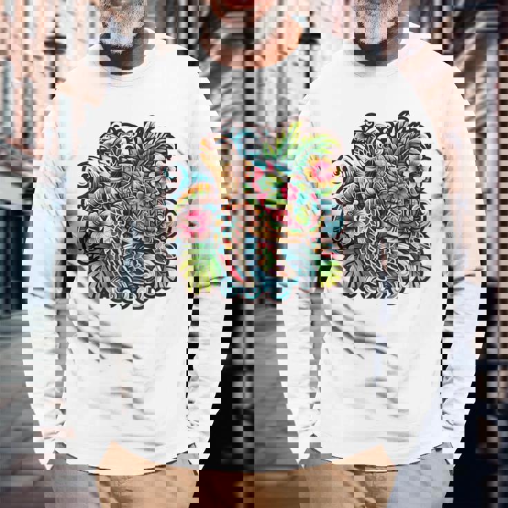 アロハ ウミガメ ハワイアン ホヌ フラワー ウェーブ オーシャン 長袖Tシャツ 高齢者への贈り物