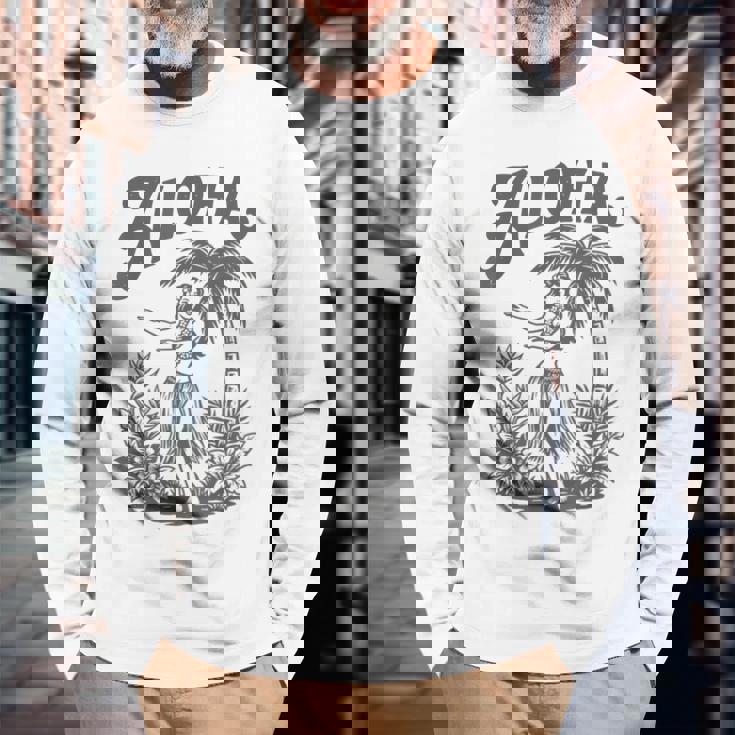アロハ レトロ ハワイ ヤシの木 ルアウ ダンサー シルエット トロピカル 長袖Tシャツ 高齢者への贈り物