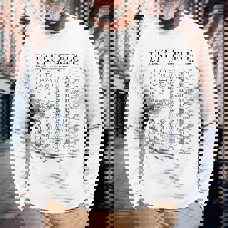 ウクレレ楽器 ウケ ヴィンテージ 特許 図面 プリント 長袖Tシャツ 高齢者への贈り物