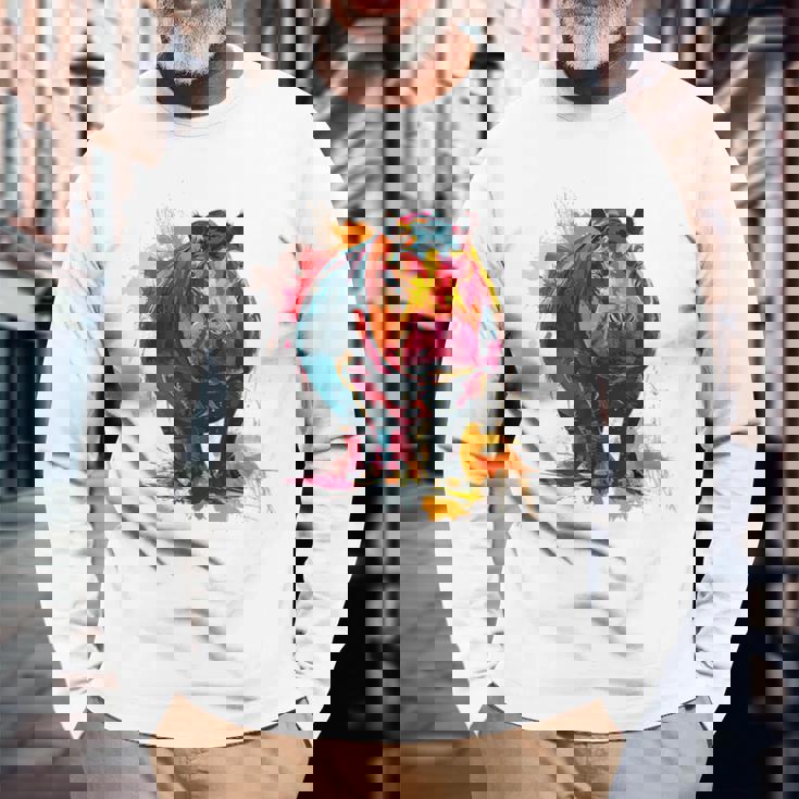 カバ 動物 カラフル グラフィック 抽象 アート 絵画 カバ 長袖Tシャツ 高齢者への贈り物