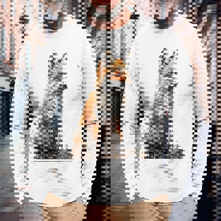 キツネ アニマル柄 モチーフ 抽象 イラスト 描画 狐 長袖Tシャツ 高齢者への贈り物