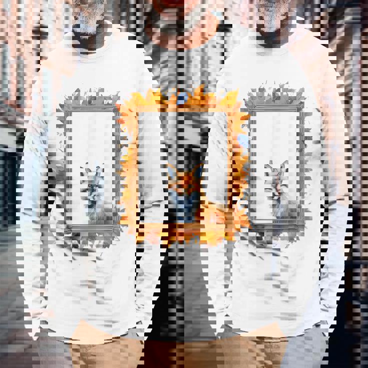 キツネ アニマル柄 モチーフ 紅葉 イラスト 自然 狐 長袖Tシャツ 高齢者への贈り物