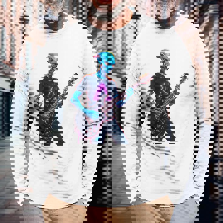 バックプリント ギタリスト エイリアン グラフィック ギター エイリアン ギタリスト 長袖Tシャツ 高齢者への贈り物