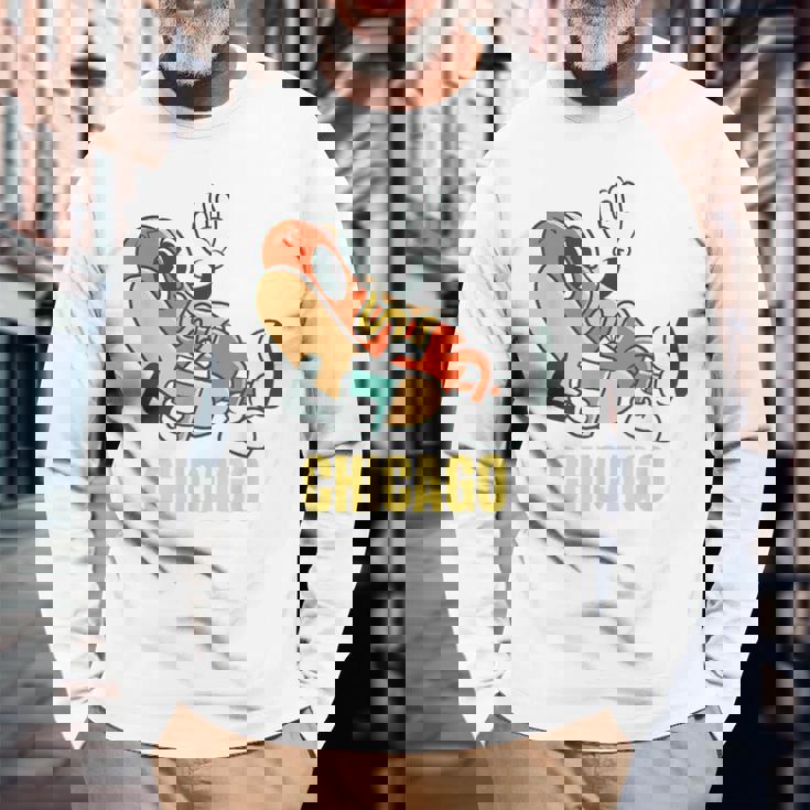 シカゴホットドッグ ストリートフード ホットドッグ マスタード付き 長袖Tシャツ 高齢者への贈り物