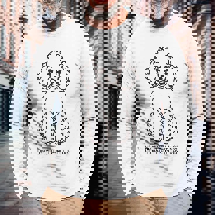 トイ プードル シルエット ラインアート 犬がいると人生はもっと楽しい デザイン 長袖Tシャツ 高齢者への贈り物