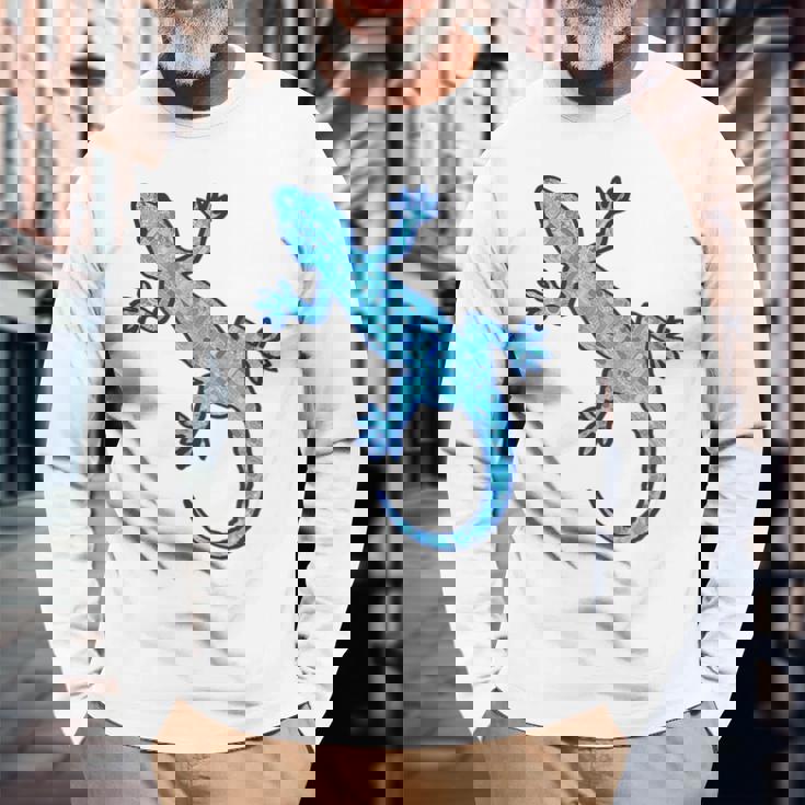 トライバル バティック パターン ヤモリトカゲ デニムブルーtシャツ 長袖Tシャツ 高齢者への贈り物