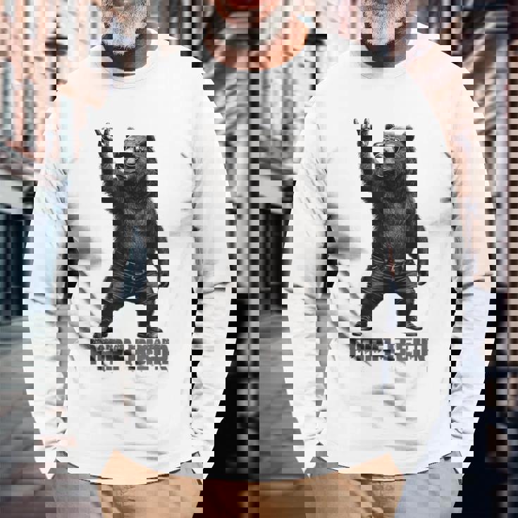 パパベア グリズリーベア ロックジェスチャー クールなパパ グリズリーベア 長袖Tシャツ 高齢者への贈り物