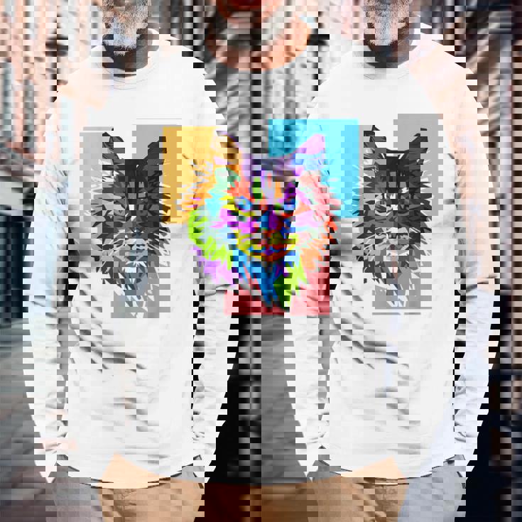 ペイントされた猫の顔 カラフル レインボー アートデザイン ギフトに最適 長袖Tシャツ 高齢者への贈り物