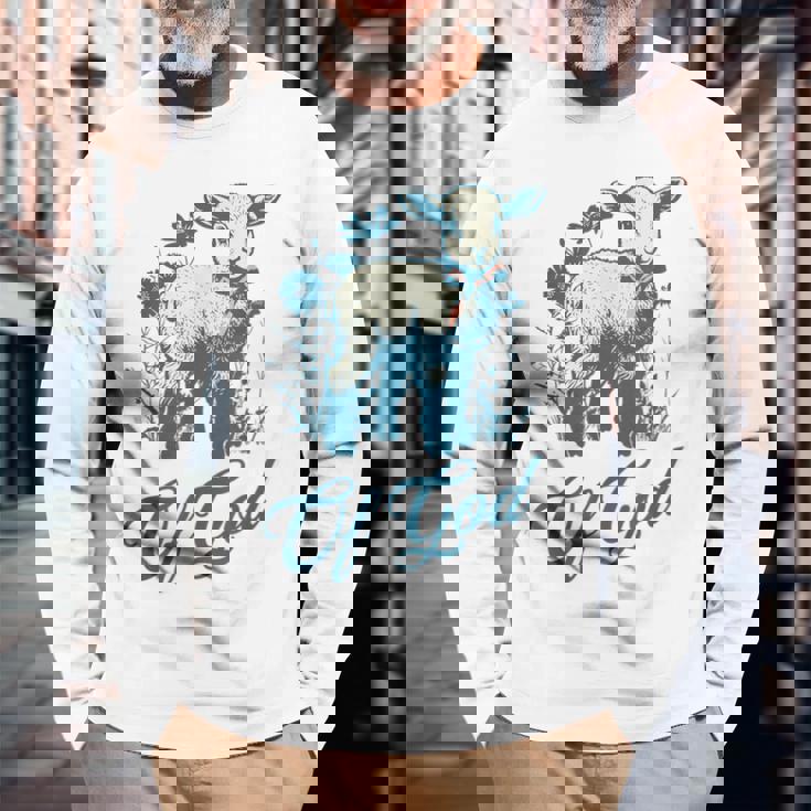 ラム オブ ゴッド キュート ヴィンテージ クリスチャン ラム デザイン 信仰 恋人 長袖Tシャツ 高齢者への贈り物