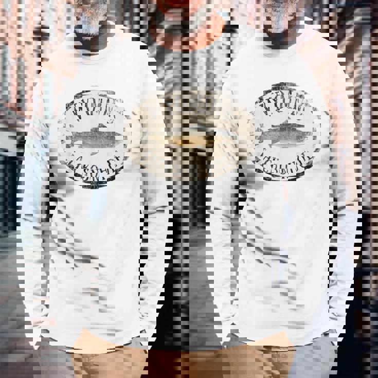 ワイオミング ジャクソン ホール トラウト 魚 フライフィッシング ビンテージ 長袖Tシャツ 高齢者への贈り物