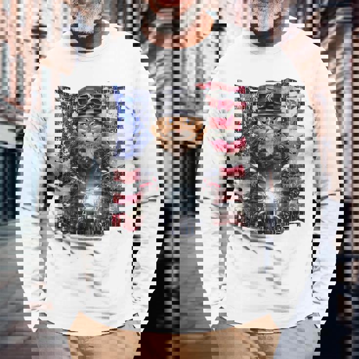 三毛猫 オレンジ猫 ねこ バイク 星条旗 アメリカ 長袖Tシャツ 高齢者への贈り物