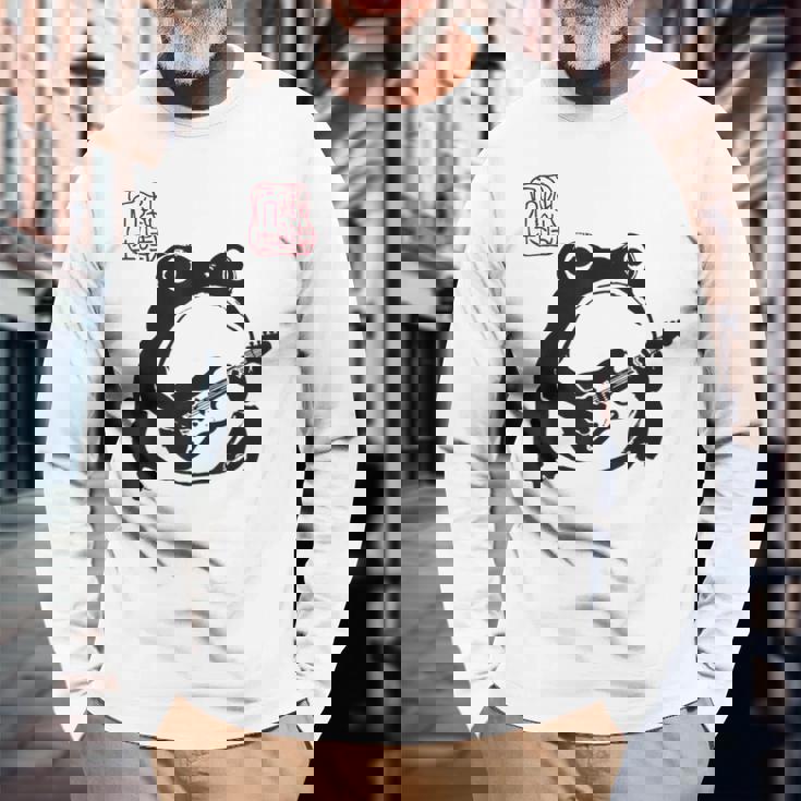 不機嫌そうなカエル 面白い ギター ロックミュージック アニメ 日本語 長袖Tシャツ 高齢者への贈り物