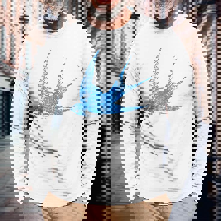 古びたツバメの青い鳥 シルエット 鳥 鳥 イラスト 長袖Tシャツ 高齢者への贈り物