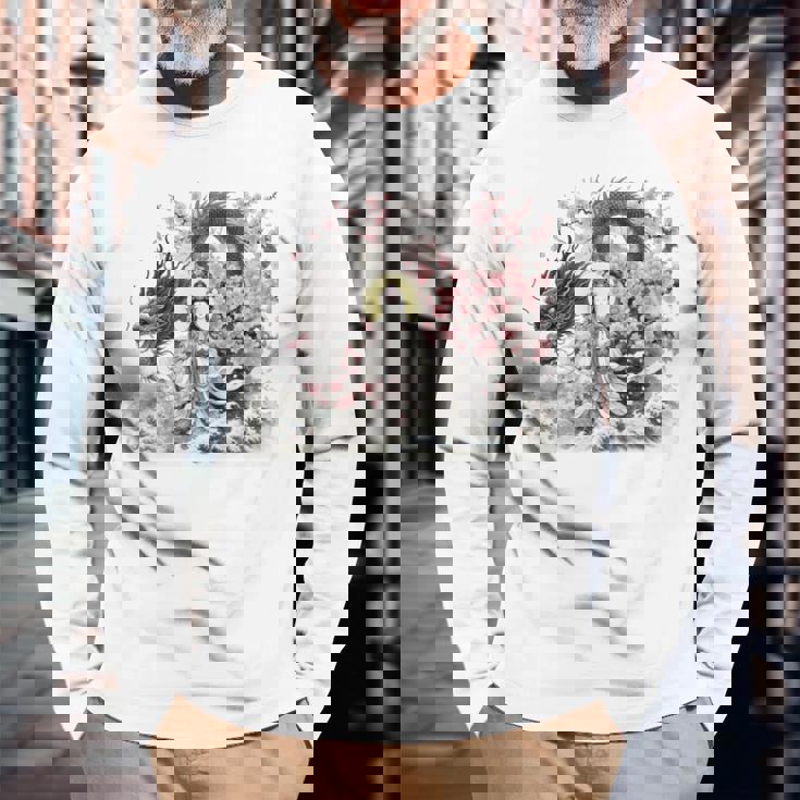 日本 浮世絵 観音菩薩 竜 桜 波 バックプリント 長袖tシャツ 長袖Tシャツ 高齢者への贈り物