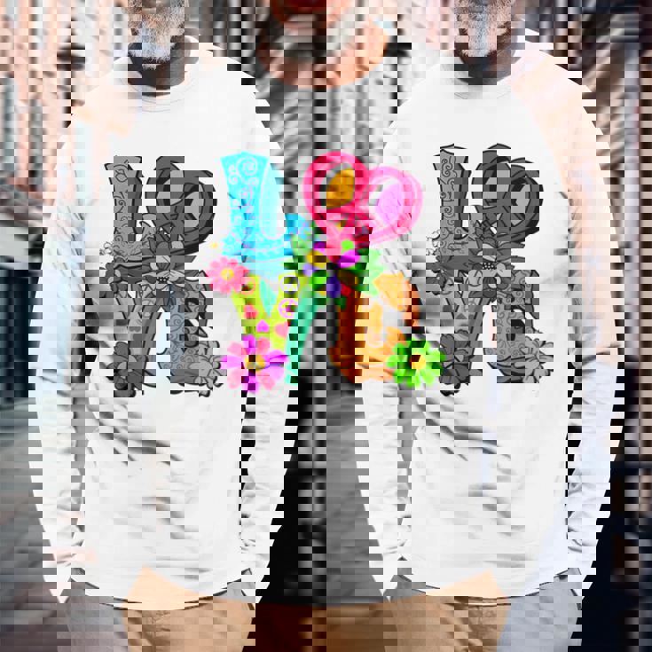 明るくカラフルな愛と平和 ピースサイン フラワートップ 長袖Tシャツ 高齢者への贈り物