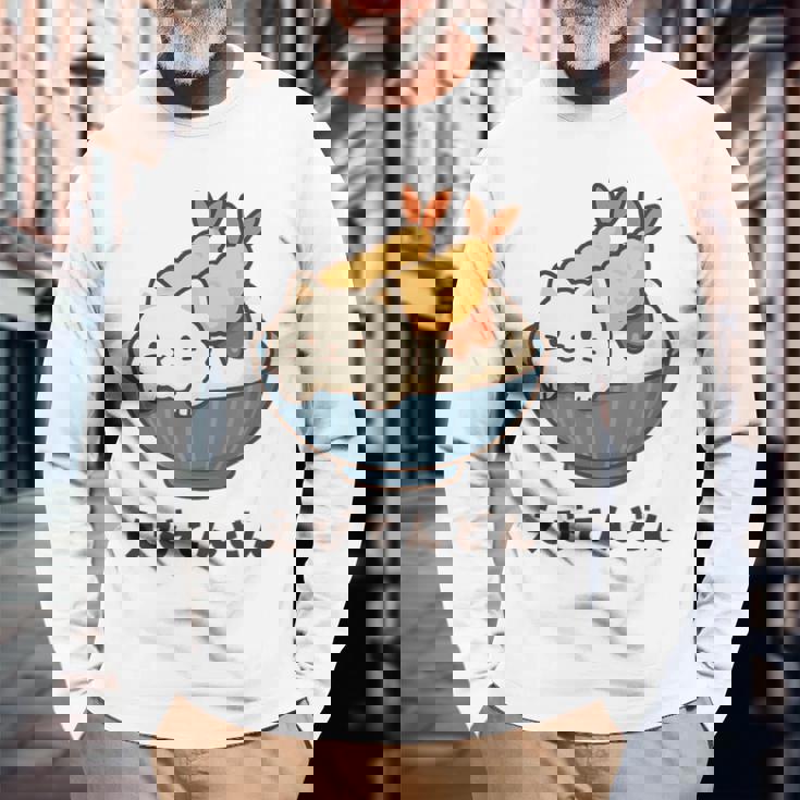 海老天丼 天丼 えび ご飯 ねこ 白猫 天丼好き 猫好き おもしろ かわいい猫 イラスト 猫キャラ 癒し 系 長袖Tシャツ 高齢者への贈り物