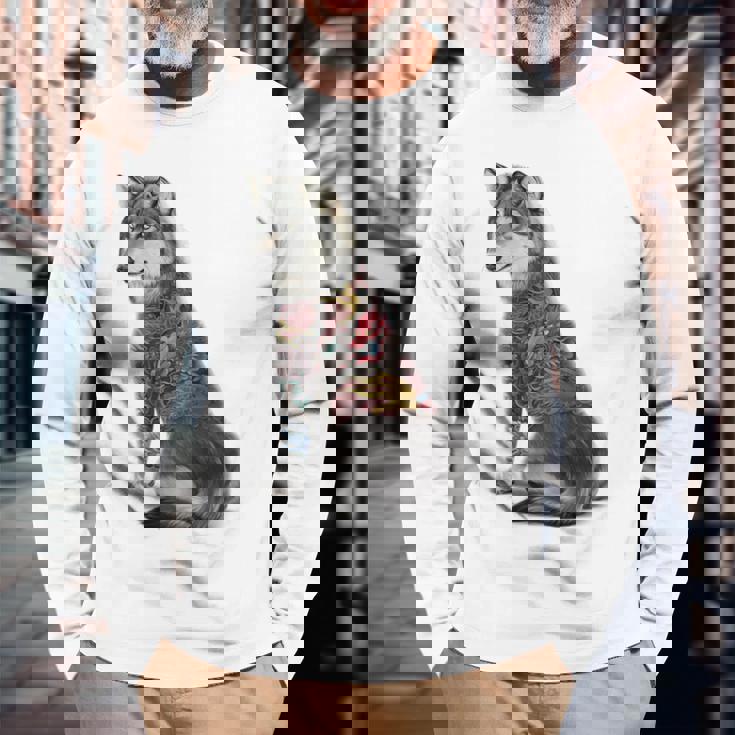 灰色オオカミ 伝統的な日本の龍の入れ墨 入泉 長袖Tシャツ 高齢者への贈り物