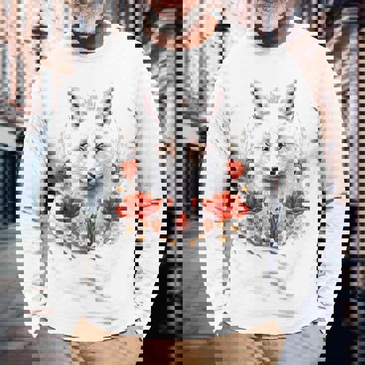 狐 アニマル柄 モチーフ 図面 イラスト 自然 狐 長袖Tシャツ 高齢者への贈り物