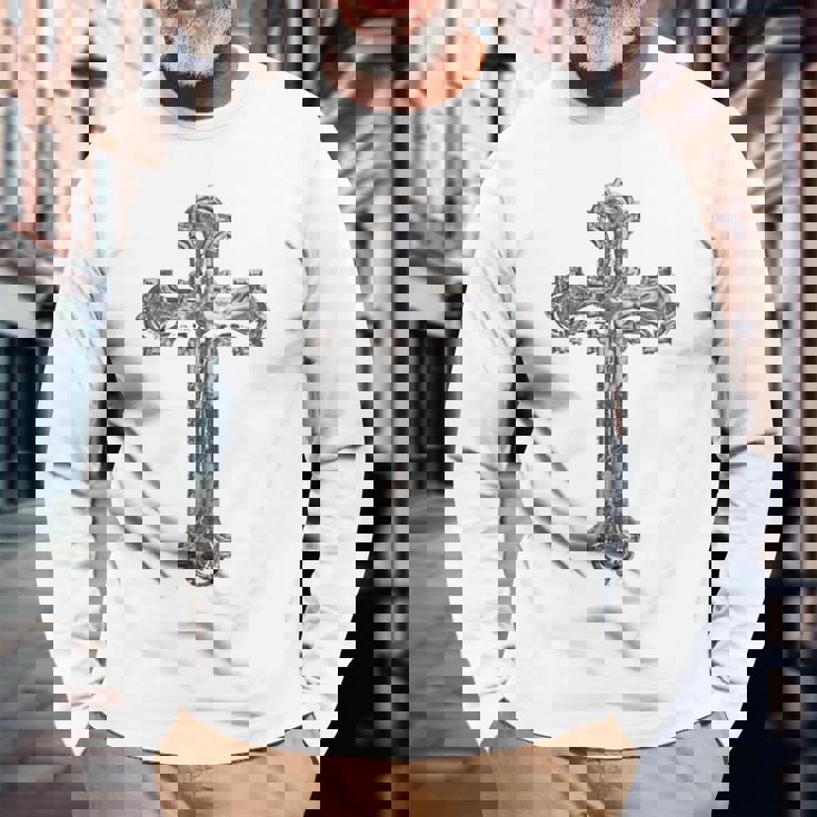 背中に十字架 大きな十字架 クリスチャン 長袖Tシャツ 高齢者への贈り物
