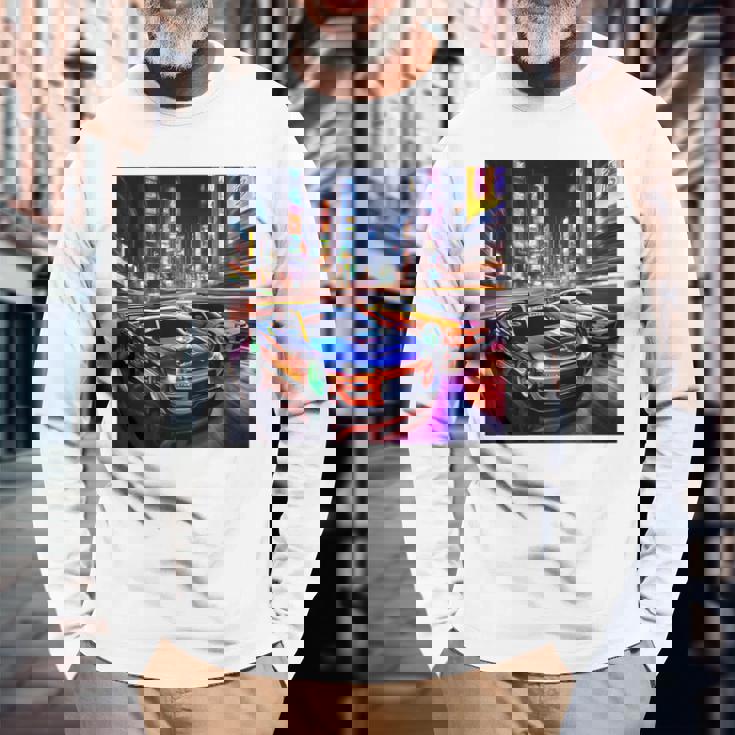 背面にjdmドリフトレーシングカー東京ドリフトスカイライン2台。 長袖Tシャツ 高齢者への贈り物