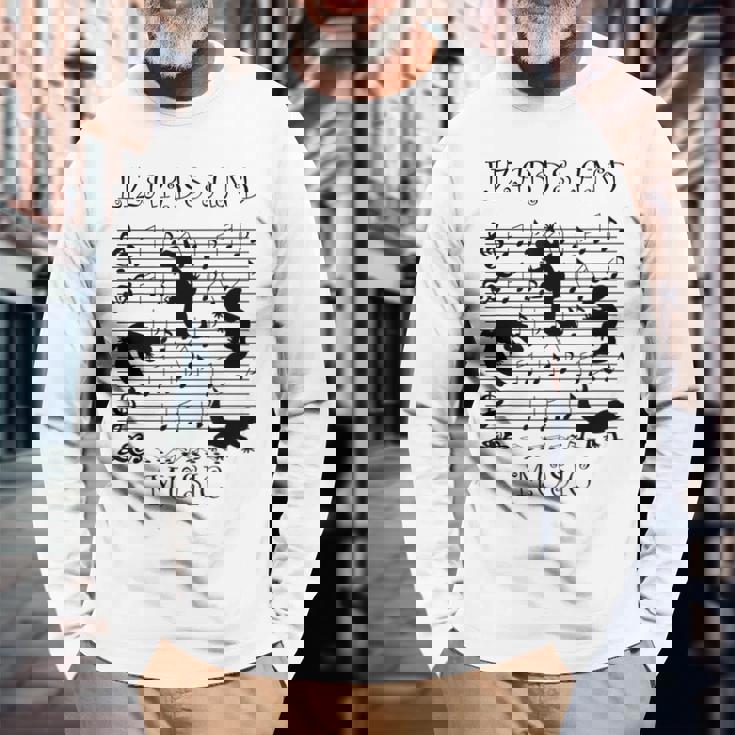 音楽とトカゲ ヤモリ ミュージシャン 爬虫類 長袖Tシャツ 高齢者への贈り物