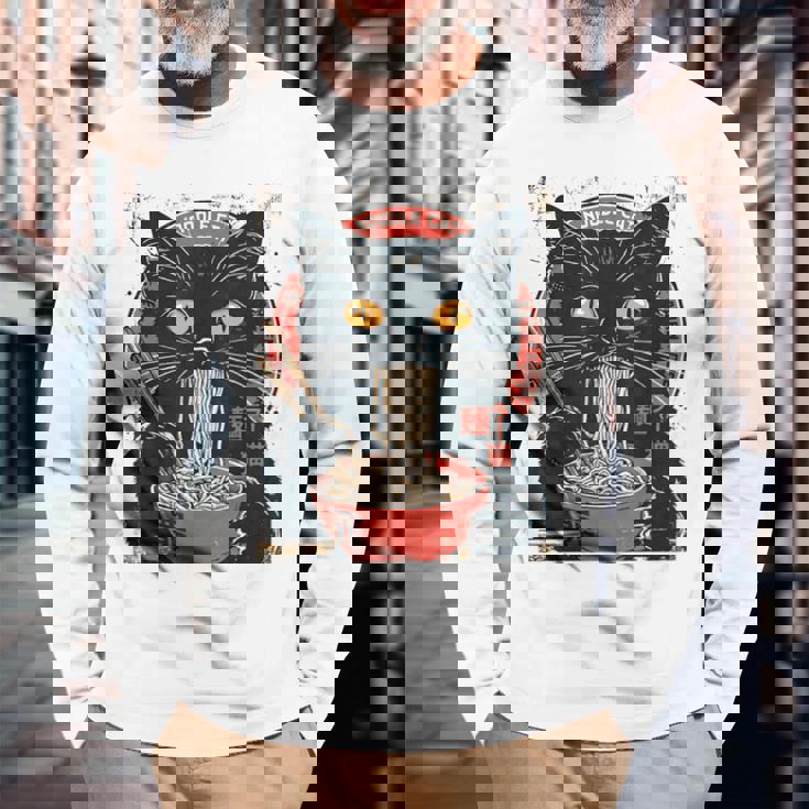 麺 猫 ラーメン好き 和食 猫 アート デザイン 長袖Tシャツ 高齢者への贈り物