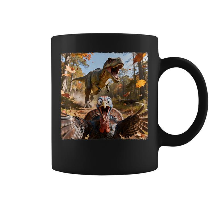 Turkey Selfie With T-Rex Dinosaur Thanksgiving Fall Coffee Mug