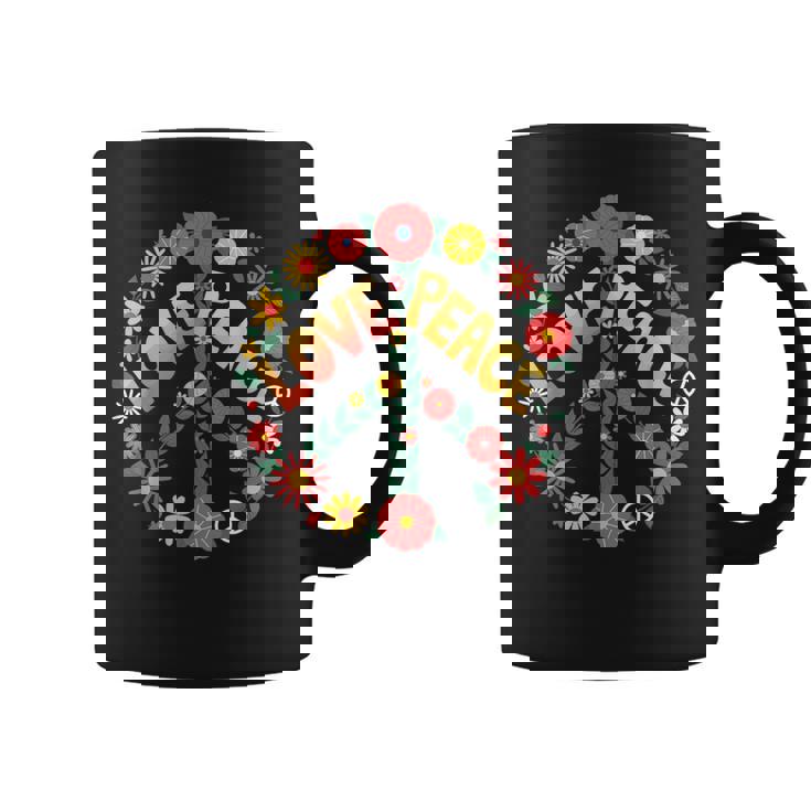 Love Peace Flower Power レトロ ヒッピー フローラル ピースマーク コーヒーマグ